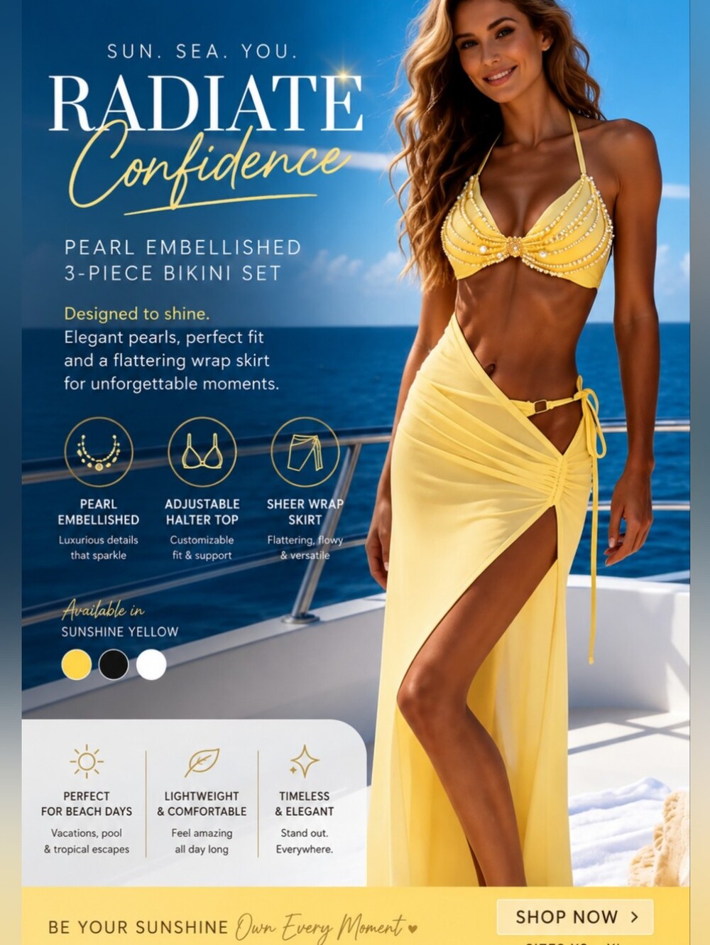 Pearl-Embellished Pastel Yellow Bikini Set with Sheer Wrap Skirt